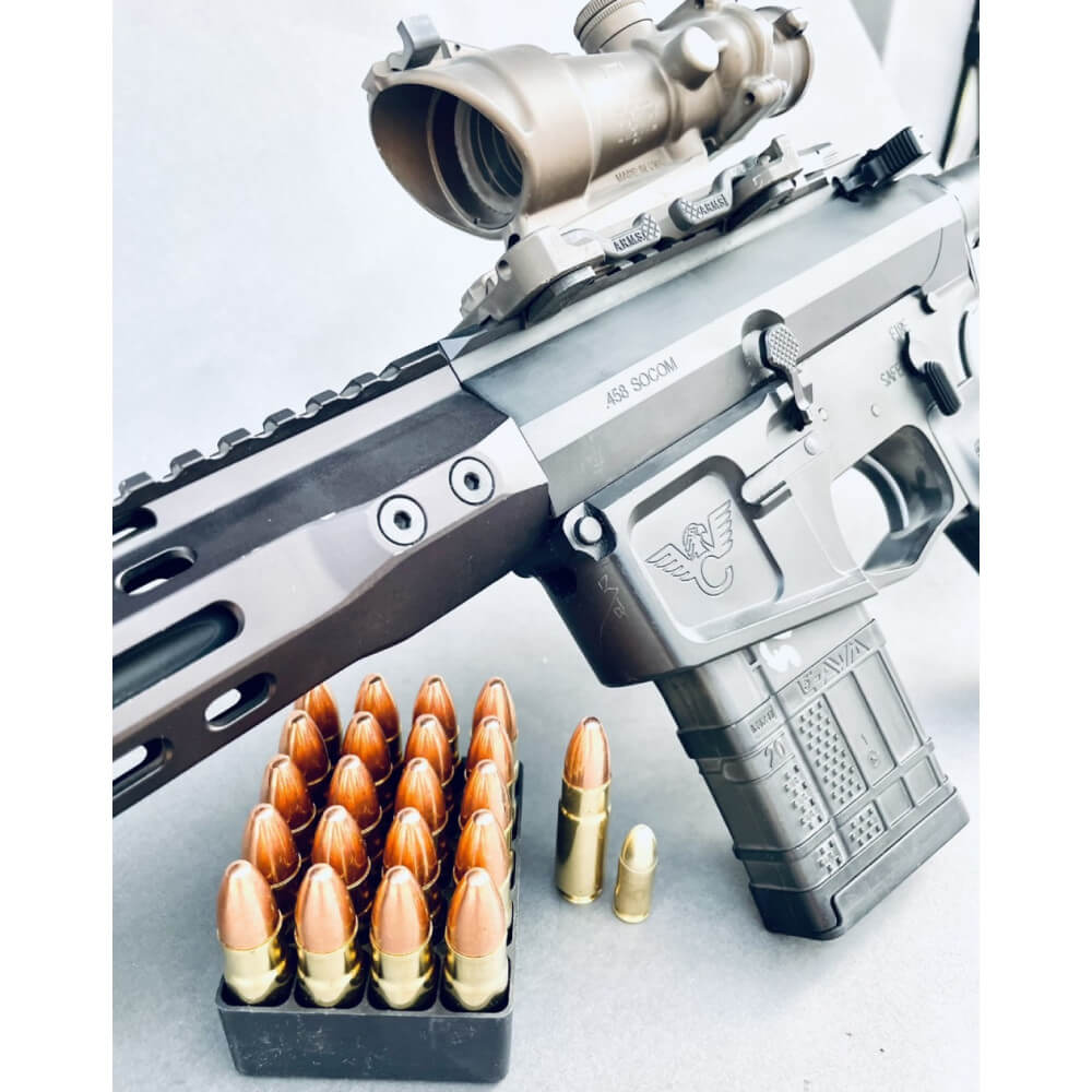 Close-up view of rifle and ammunition at Big Gun Krakow shooting range